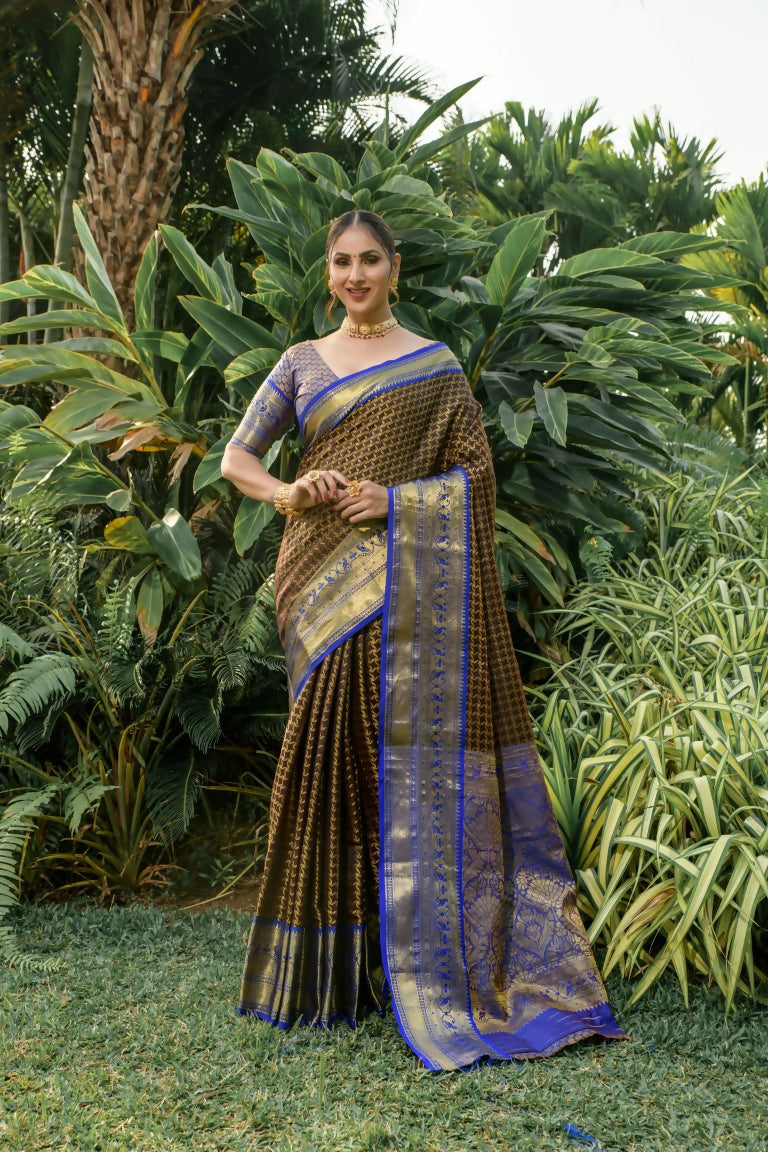 Elegant coffee brown Kanjivaram silk saree with gold zari geometric patterns and royal blue blouse