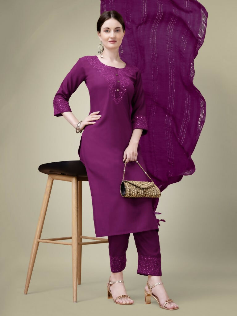 Jyoti Fashion Women's Purple Cotton Blend Embroidery & Sequence work Kurta with Trouser & Dupatta
