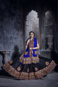 Elegant black art silk lehenga set with a contrasting blue dupatta.