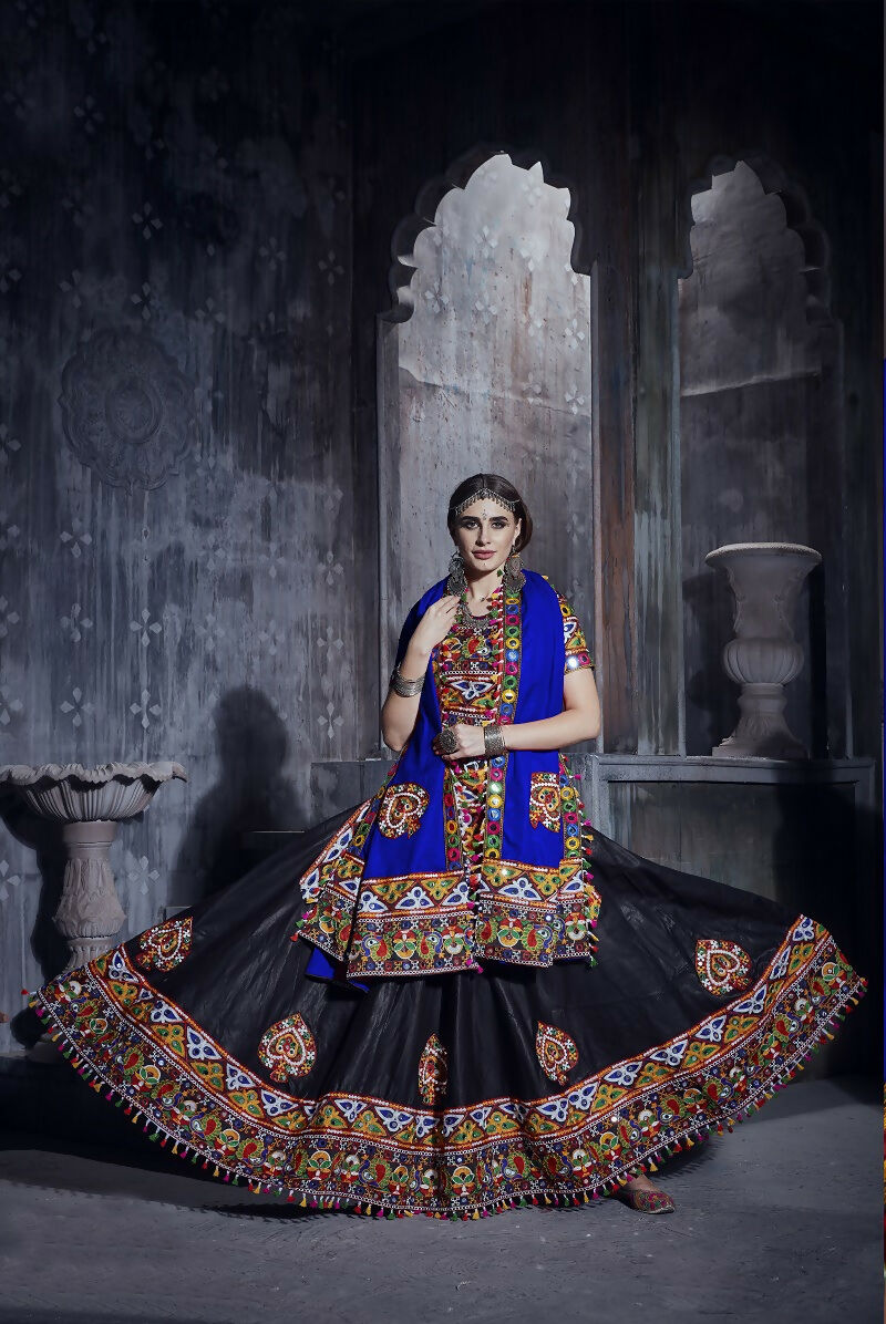 Elegant black art silk lehenga set with a contrasting blue dupatta.