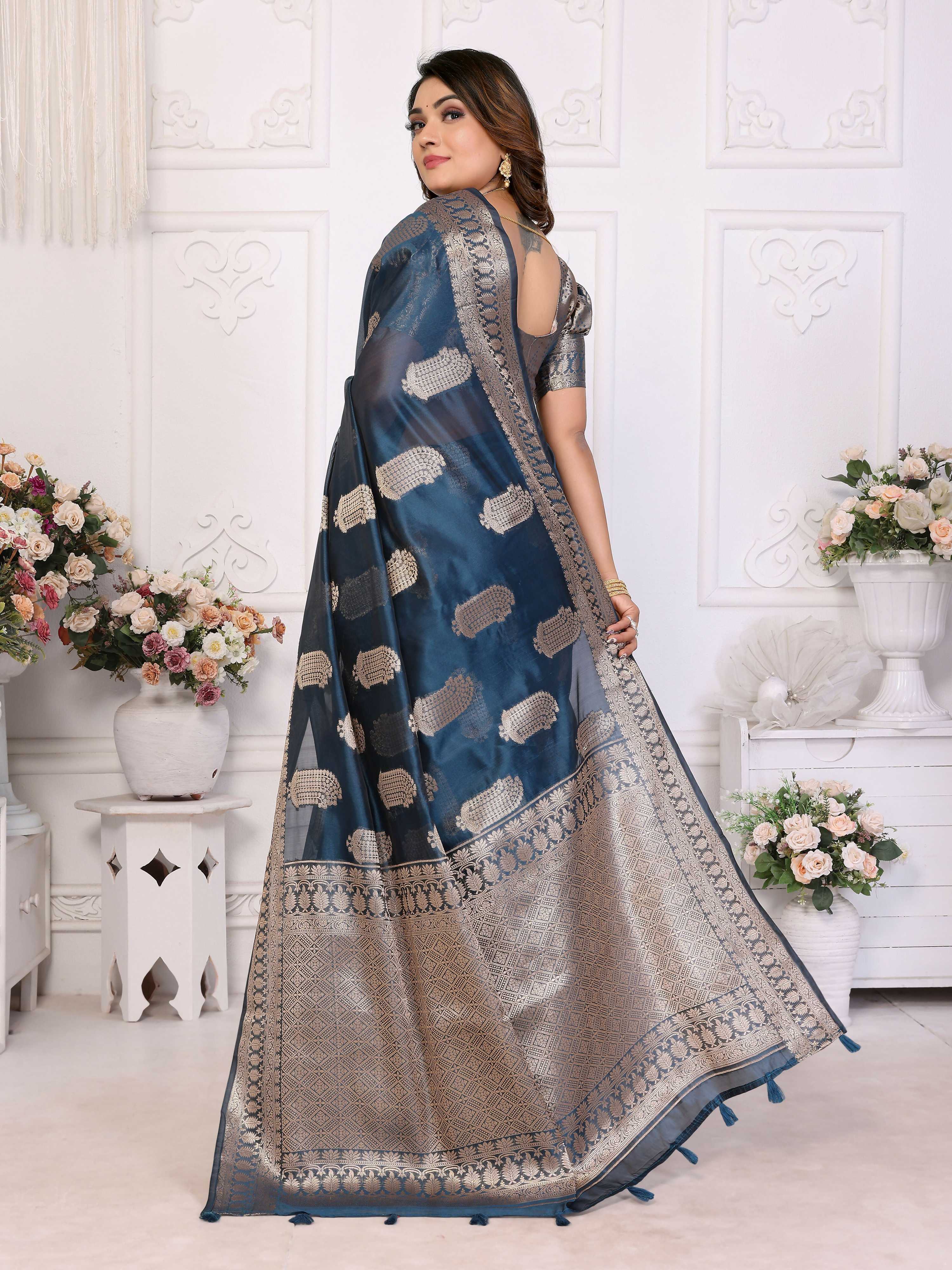 Teal Blue Soft Organza Silk Weaving Saree for Festive Occasions