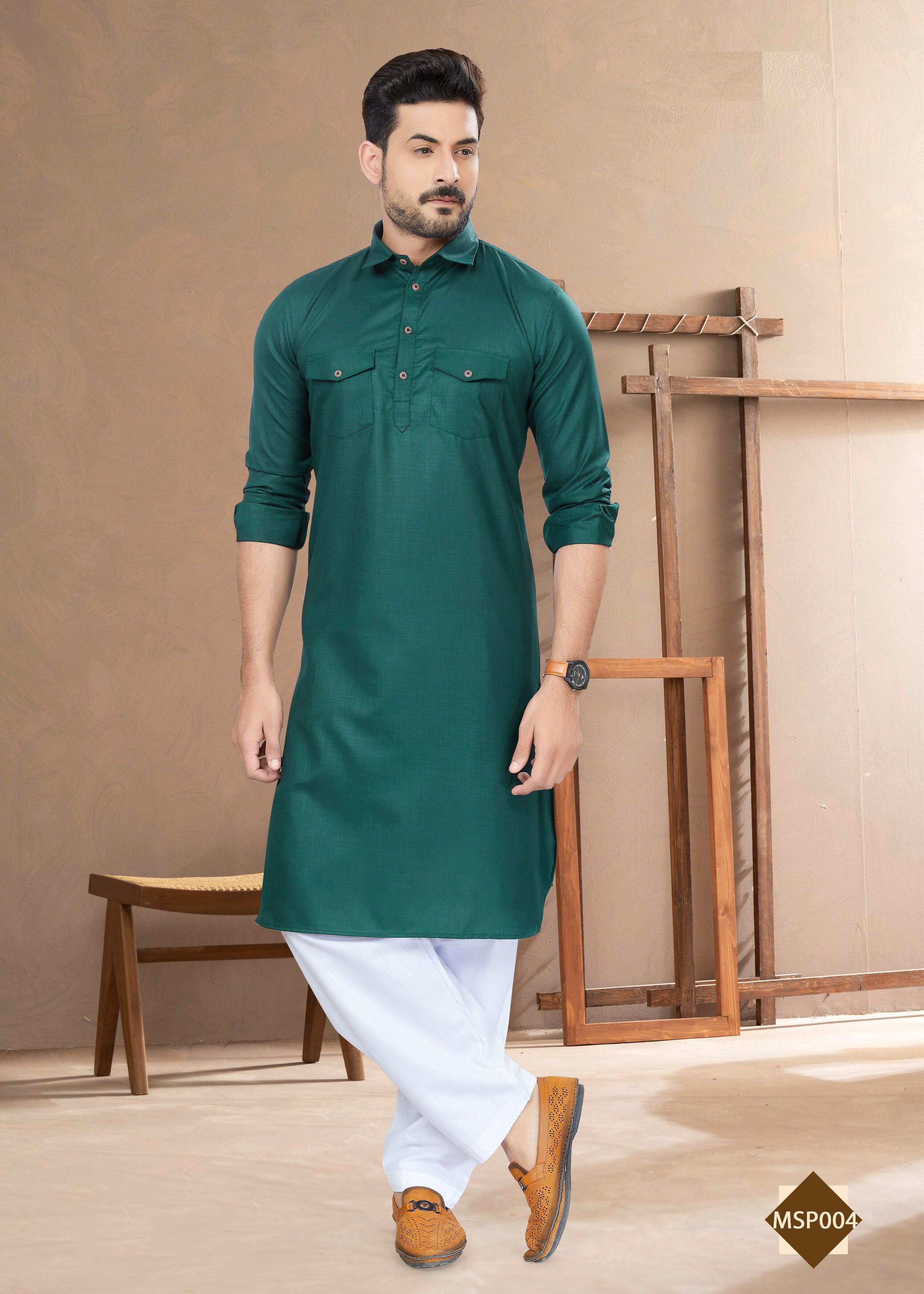 Men's Green Heavy Cotton Straight Kurta Pyjama Set - Traditional