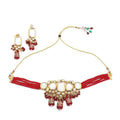 Red Kundan stone necklace set with gold plating and adjustable cord