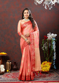 Lorenvalley Fashion Peach Cotton Woven Design with Zari Weaving Design Saree