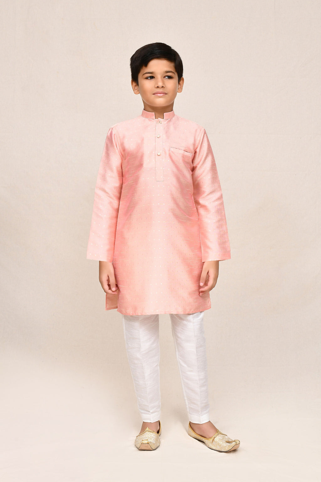 Peach silk kurta with Shikhli embroidery and white straight fit pants