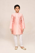 Peach silk kurta with Shikhli embroidery and white straight fit pants