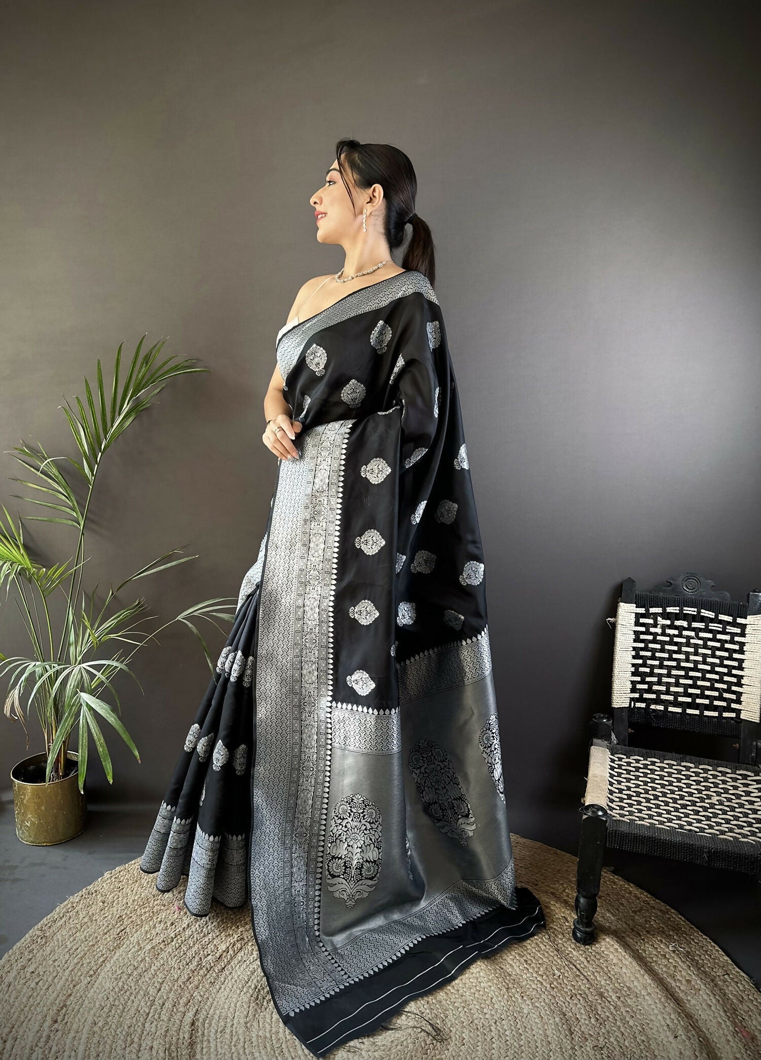 Black Floral Soft Silk Banarasi Saree with Matching Blouse