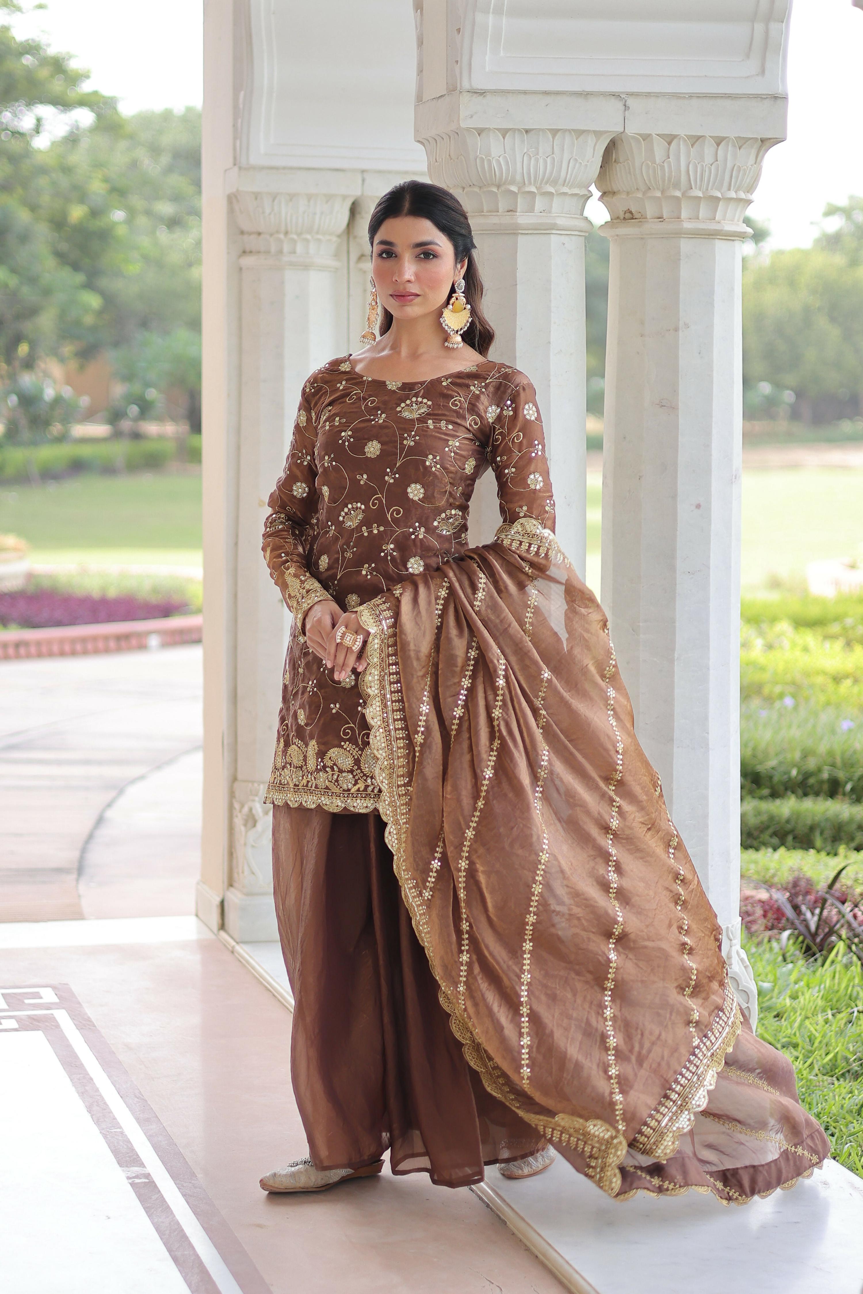 Coffee Silk Readymade Kurta Set with Sequins Embroidery Work