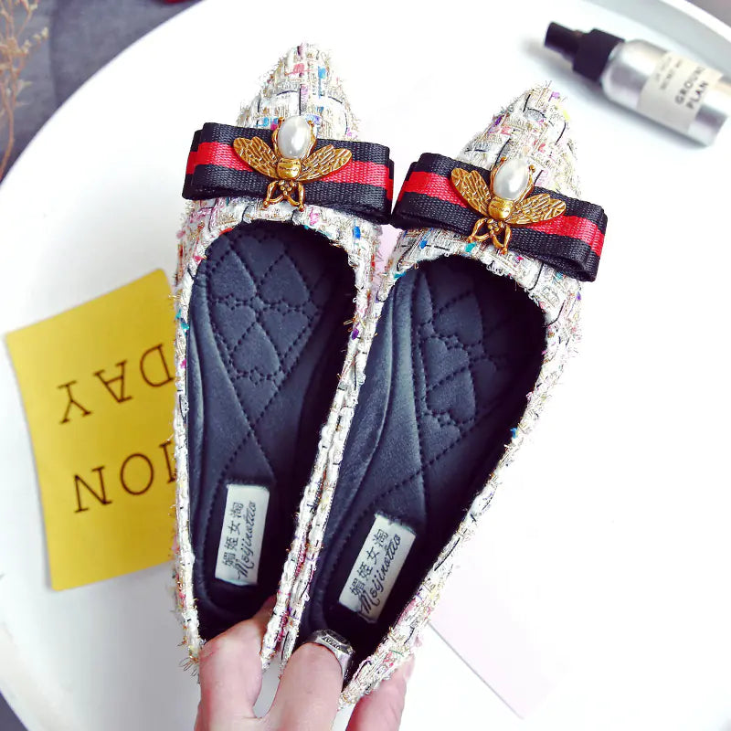 Women's Tweed Pointed Toe Flats with Bee and Bow Detail - Image 10