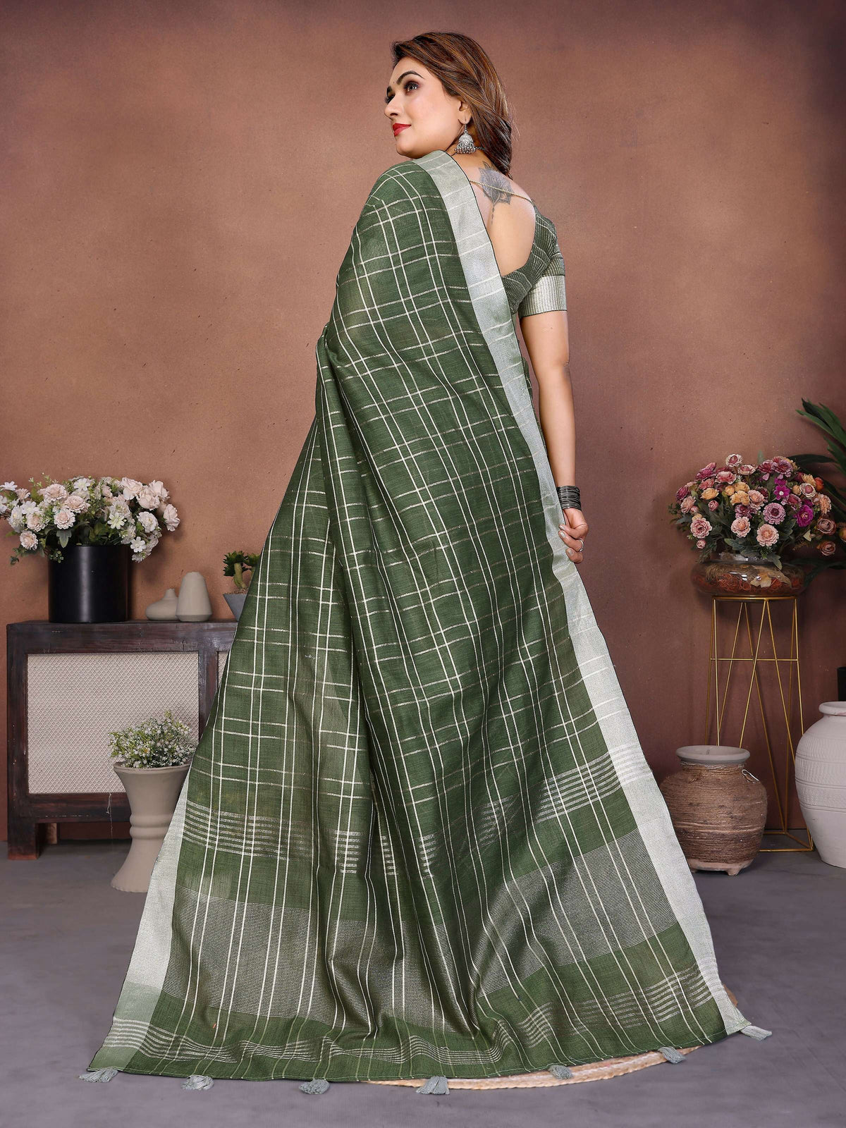 Mehndi Linen Weaving Saree 5.5 Mtr