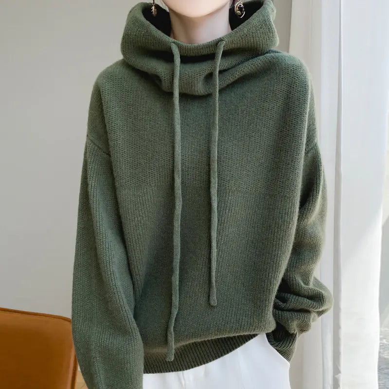 Women's Thick Wool Blend Hooded Sweater Cozy Winter Knit Pullover - Image 3