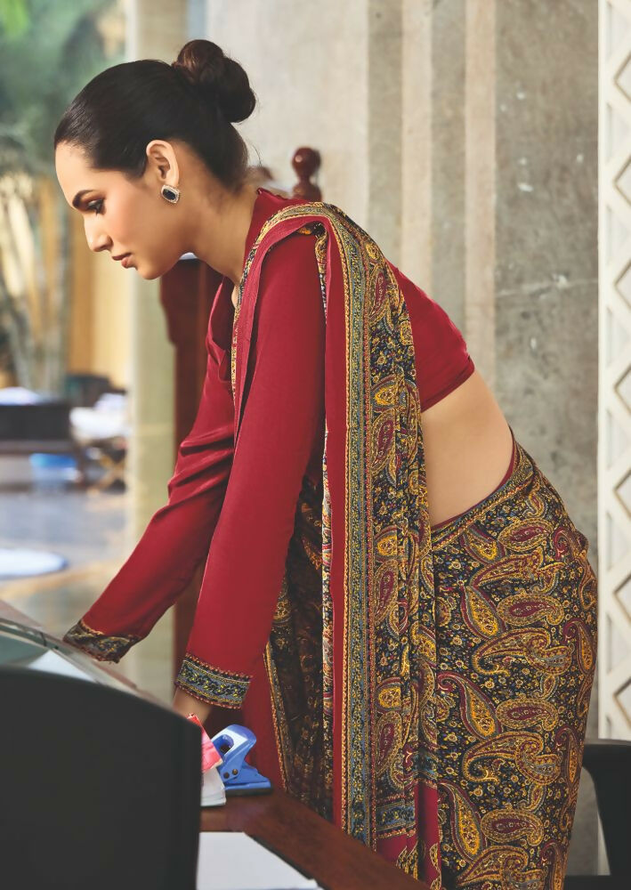 Mustard Crepe Silk Saree with Traditional Print for Party Wear