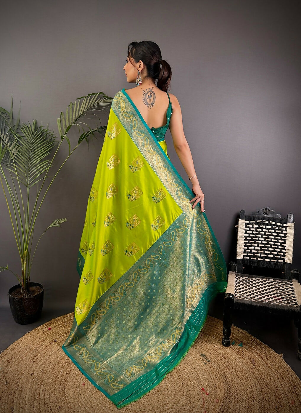 Teal Peacock Banarasi Silk Saree with Unstitched Blouse Piece