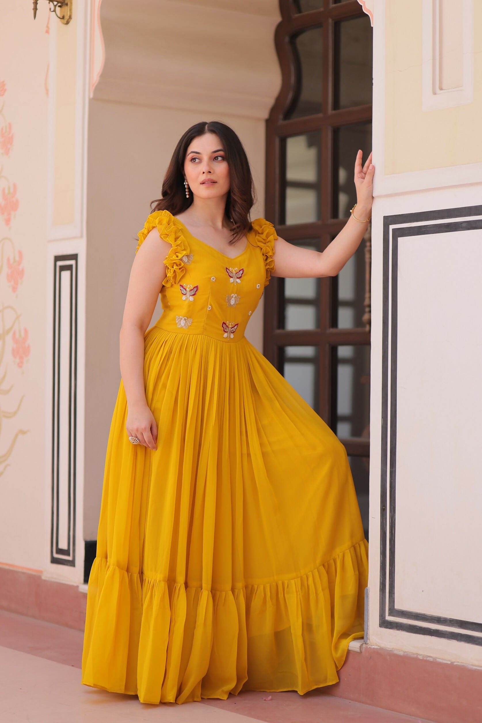 Yellow Georgette Gown with Shimmering Sequence Embroidery