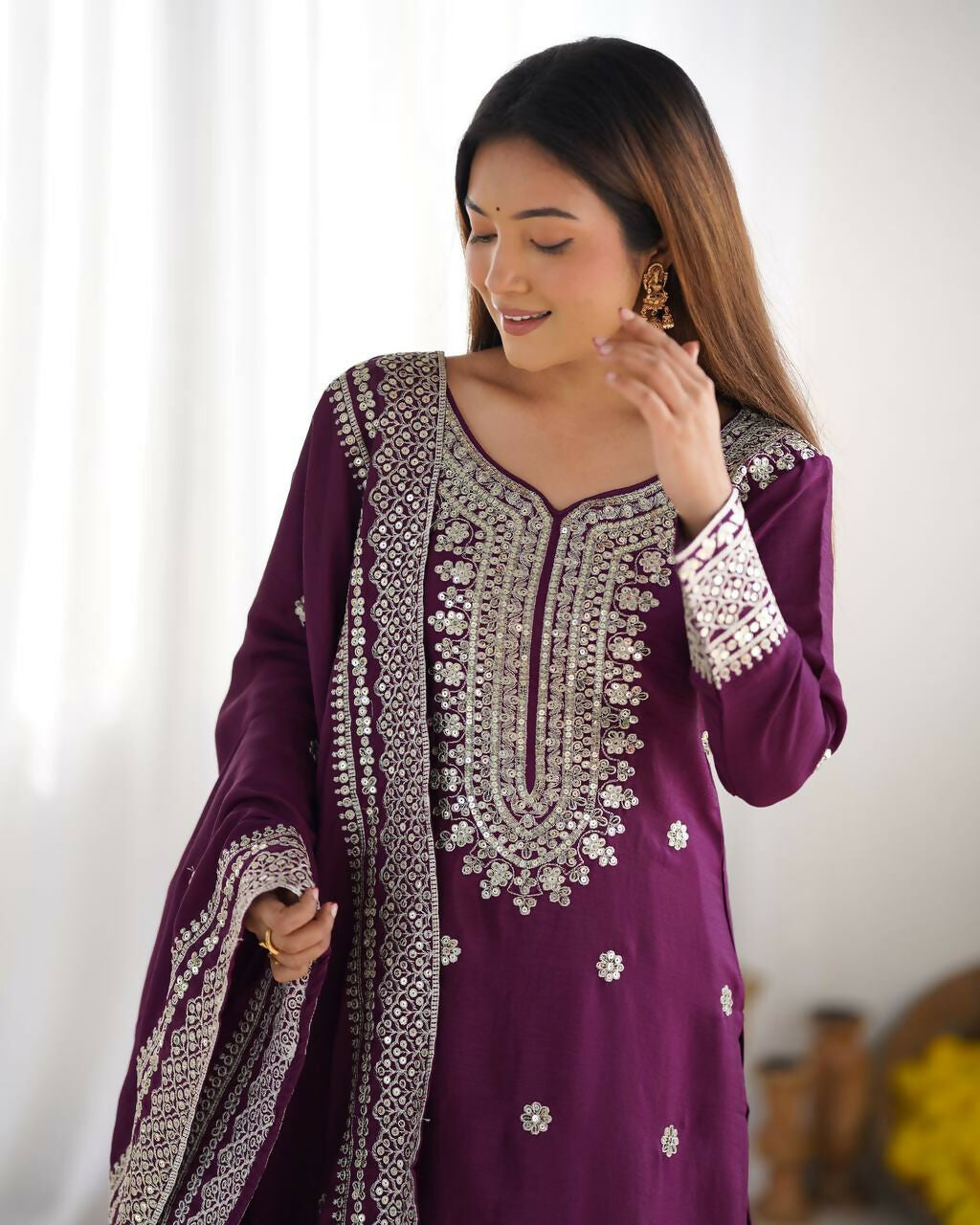 Wine Silk Kurta Set with Sequins, Zari & Thread Embroidery