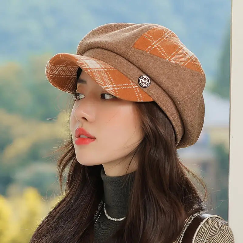 Women's Black Plaid Octagonal Newsboy Cap for Winter - Image 5