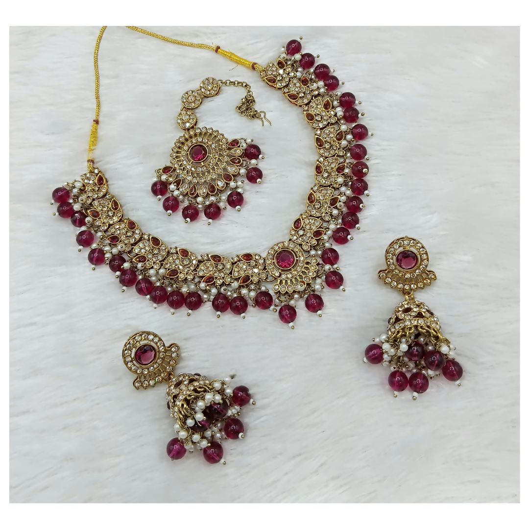 Elegant wine colored stone work necklace and matching earrings set for traditional attire