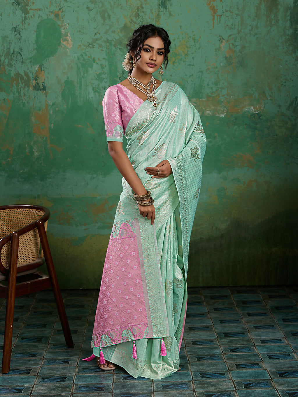 Rama Green Linen Cotton Saree with Matching Blouse
