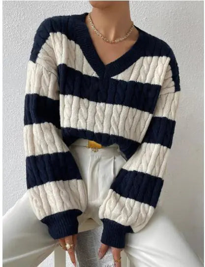 Women's Striped Cable Knit V-Neck Sweater in Black and White - Image 9