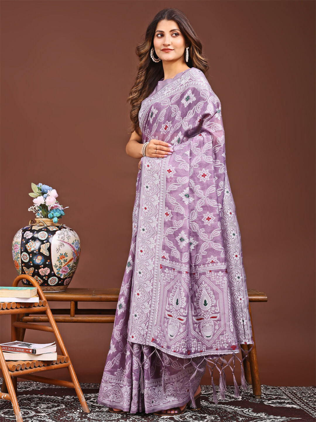 Purple Linen Cotton Saree with Matching Blouse Piece