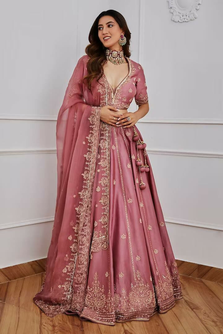 Onion Japan Satin Silk Embroidered Lehenga Choli Set with Sequins