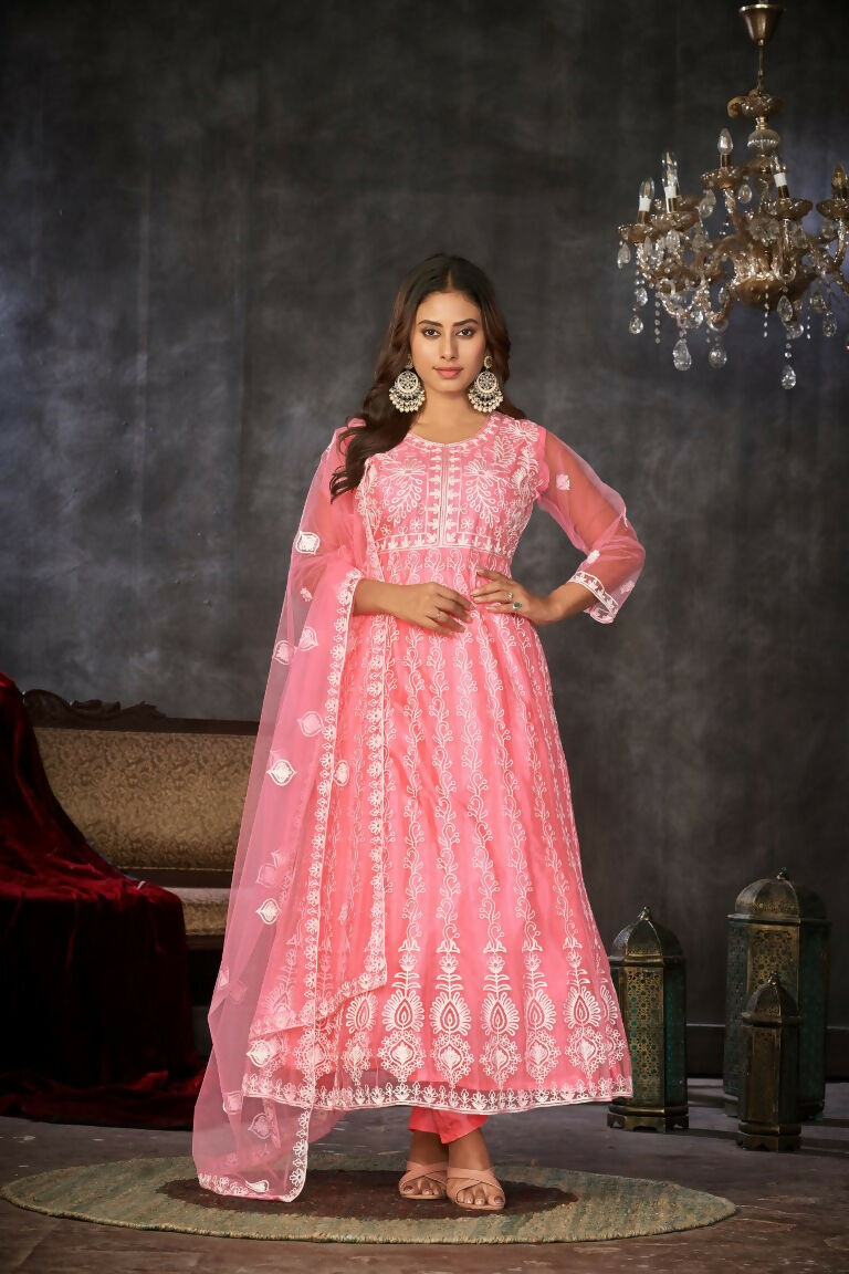 Jyoti Fashion Women's Baby Pink Net Embroidered Anarkali Kurta Pant Set With Dupatta