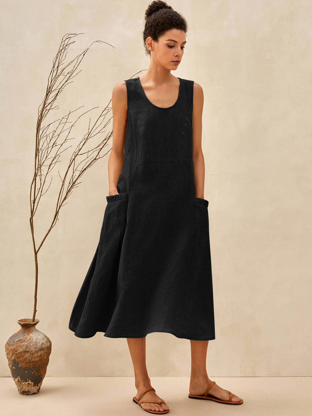 100% Linen Scoop Neck Swing Beach Maxi Dress - Sleeveless