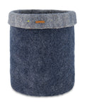 Blue felt storage basket with a gray rim on a white background