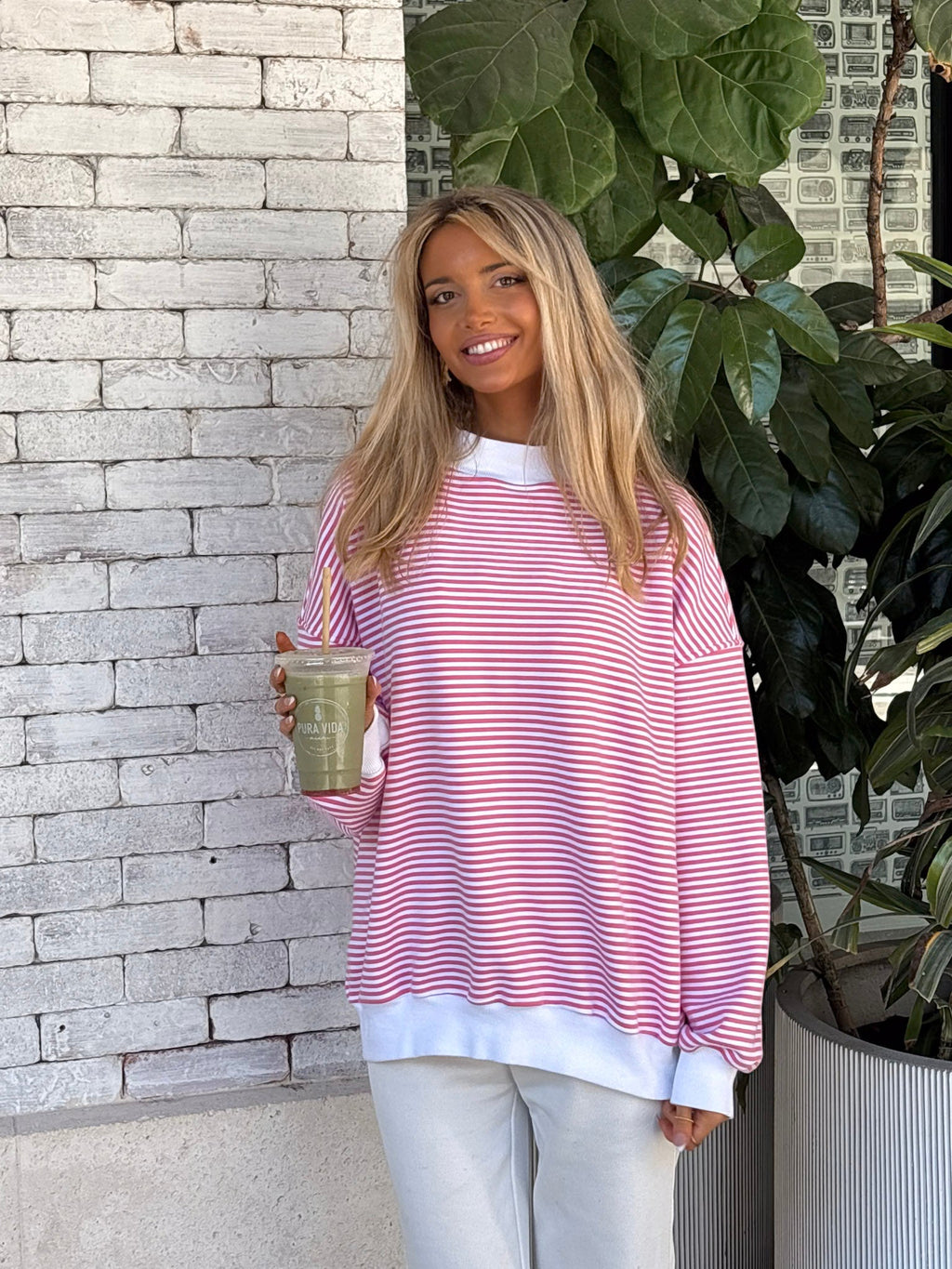 Dark Pink and White Big Striped Mockneck Sweatshirt Unisex