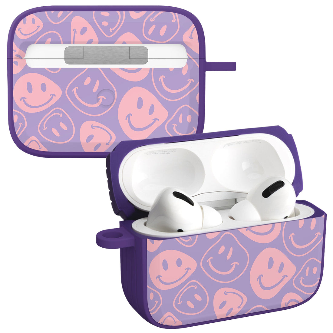 Y2K inspired purple and pink smiley face protective case for Apple AirPods Pro 1 and 2