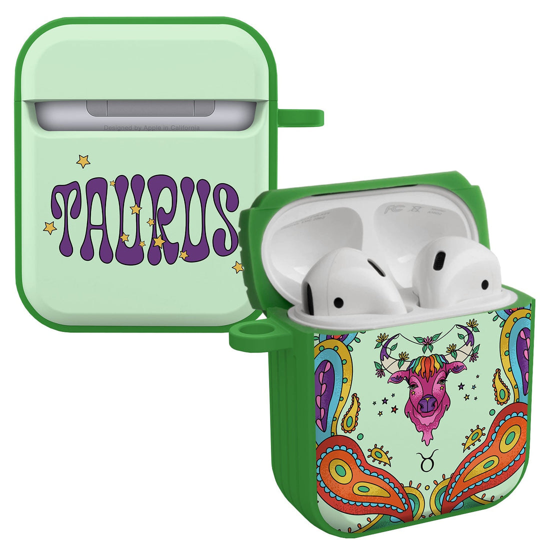 Zodiac collection protective cases for Apple AirPods featuring Taurus and Virgo designs with vibrant patterns.
