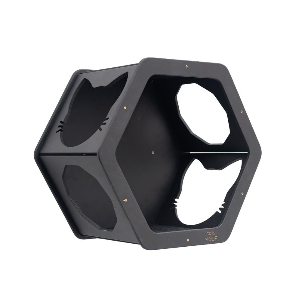 Black wall-mounted honeycomb shelves for cats to climb