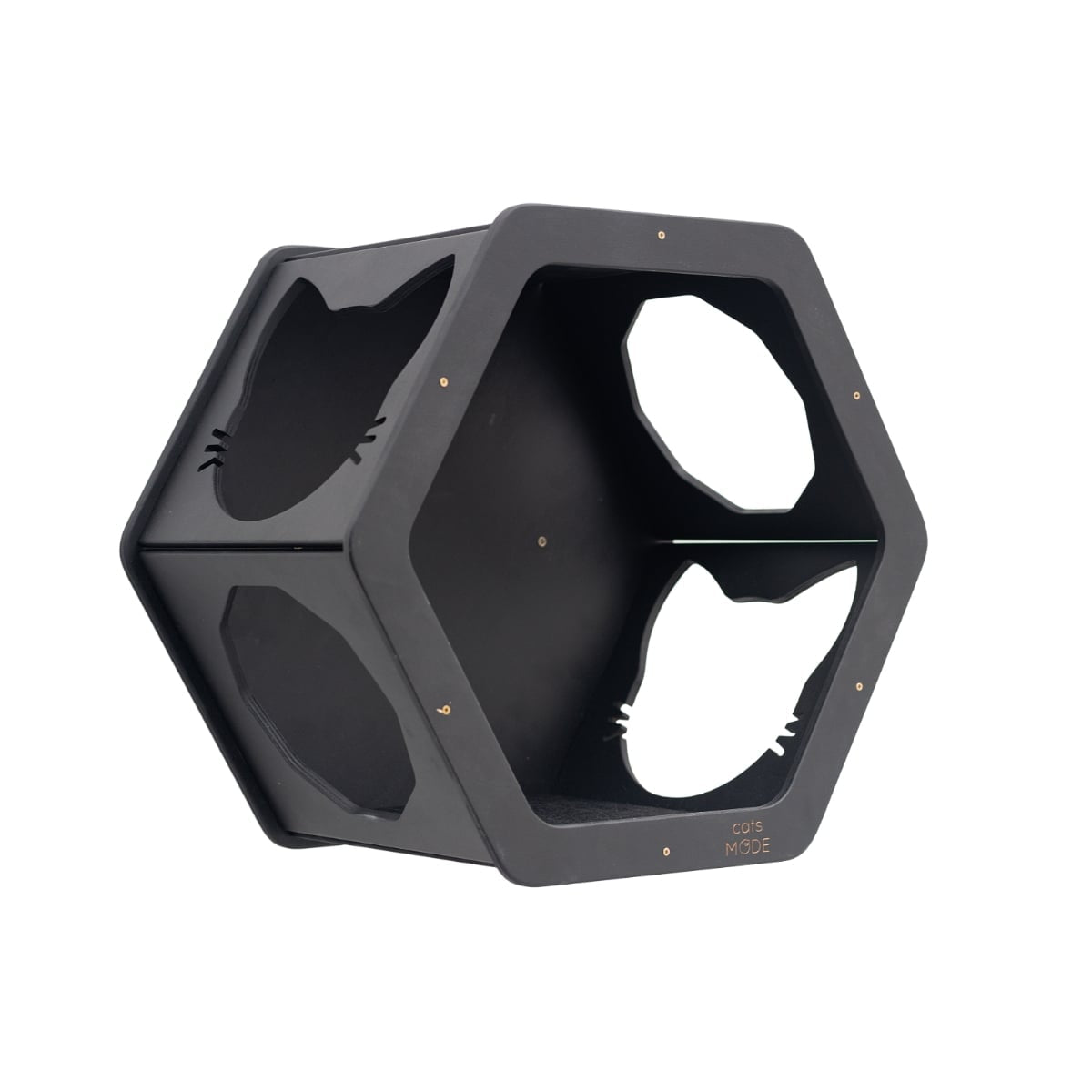 Black wall-mounted honeycomb shelves for cats to climb