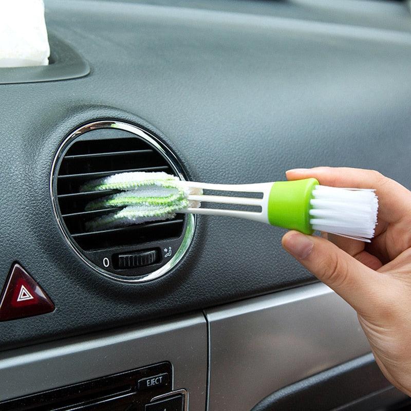 2-in-1 car air vent cleaning tool with microfiber cloth and brush in white and bright green