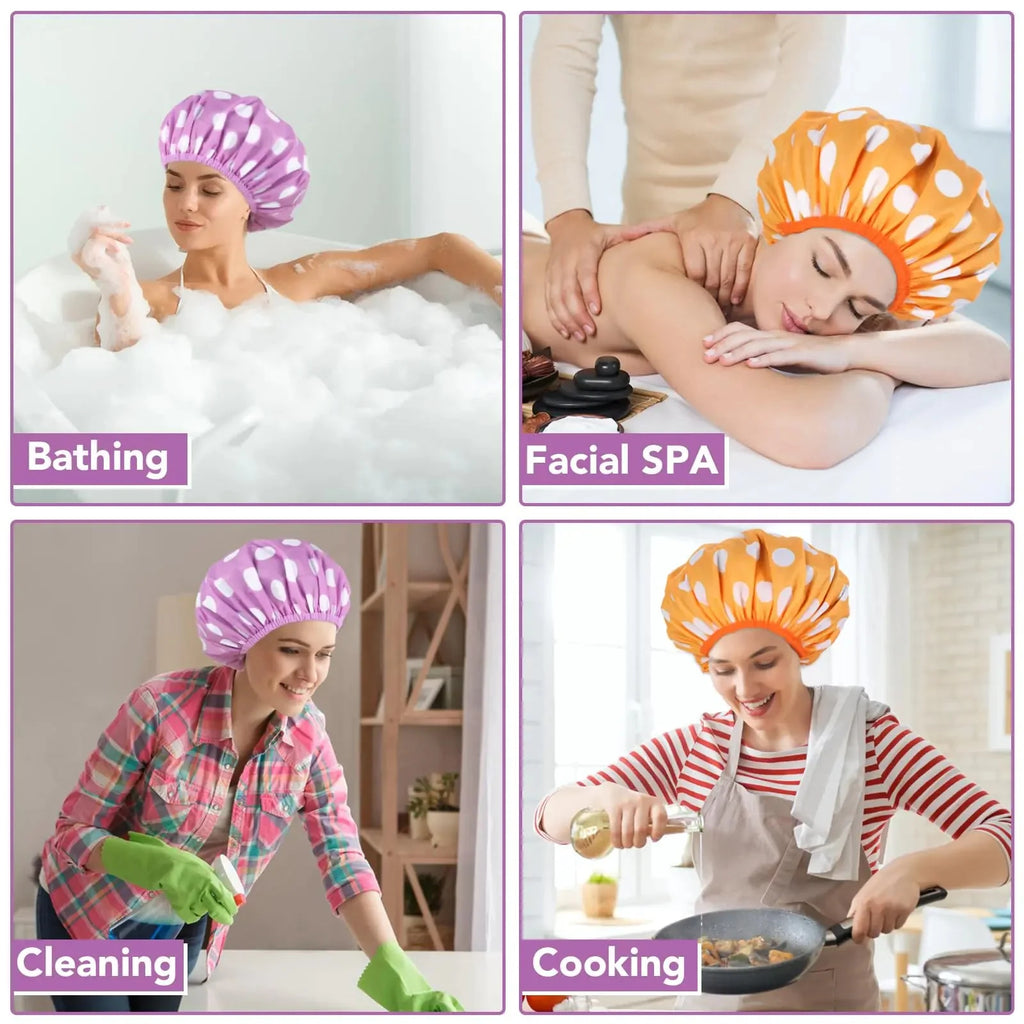 2 Packs Large Shower Caps for Women, Reusable Waterproof Shower Cap Bath Caps with Hair Scrunchies for Long Thick Hair (Purple/Orange) purple, orange