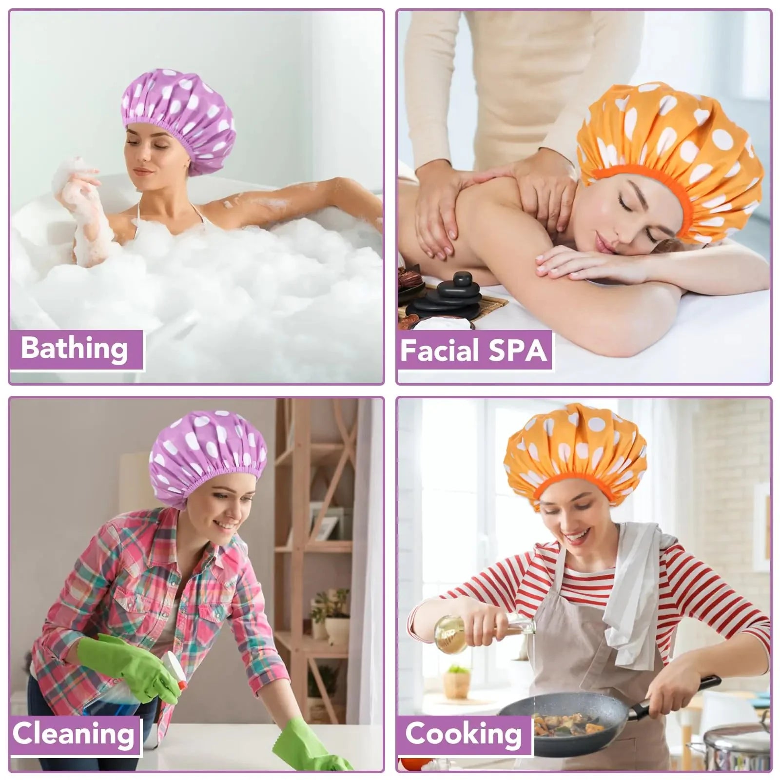 2 Packs Large Shower Caps for Women, Reusable Waterproof Shower Cap Bath Caps with Hair Scrunchies for Long Thick Hair (Purple/Orange) purple, orange