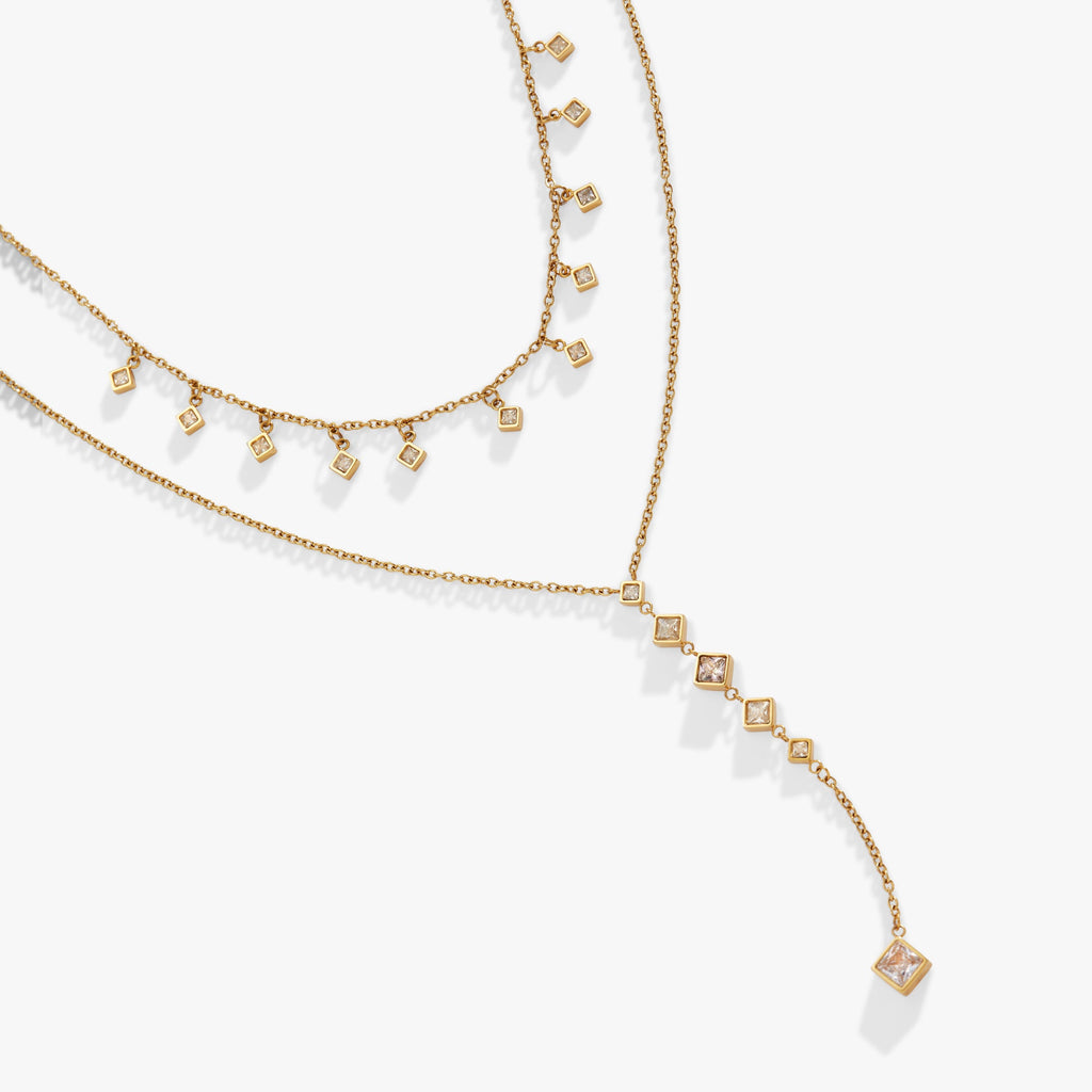 Two-Layered Princess Cut Crystal Pendant Necklace