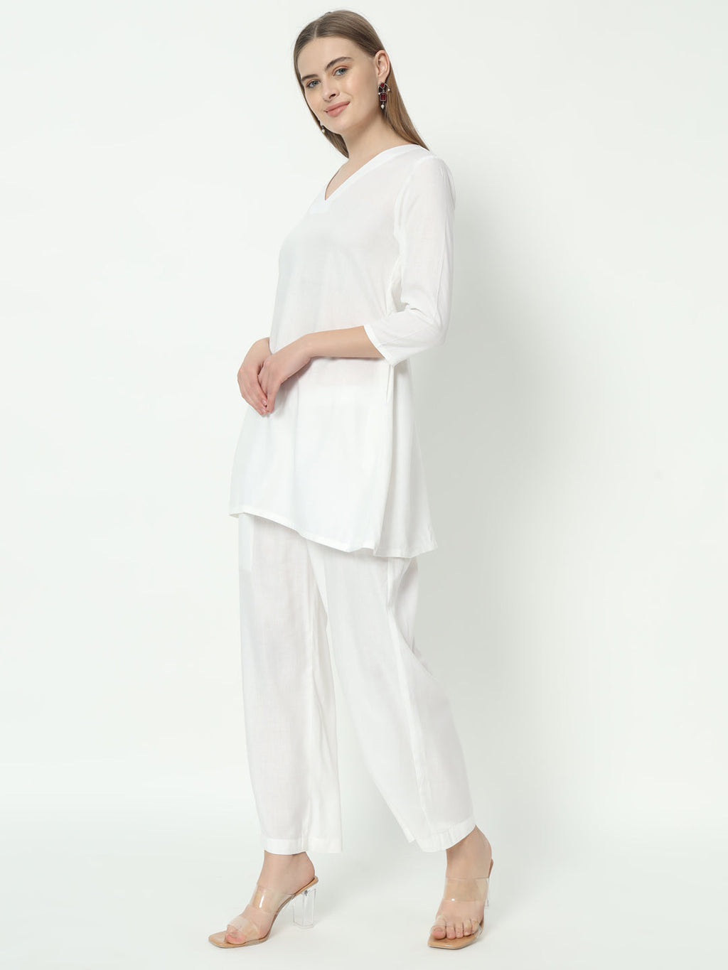Pure Cotton V-Neck Co-Ord Set in Crisp White