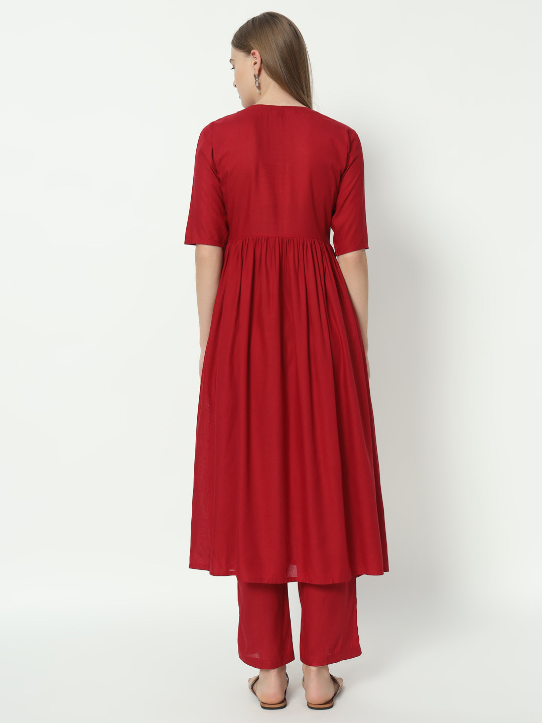 Red Pure Cotton Alia Cut V Neck Top and Pant Set