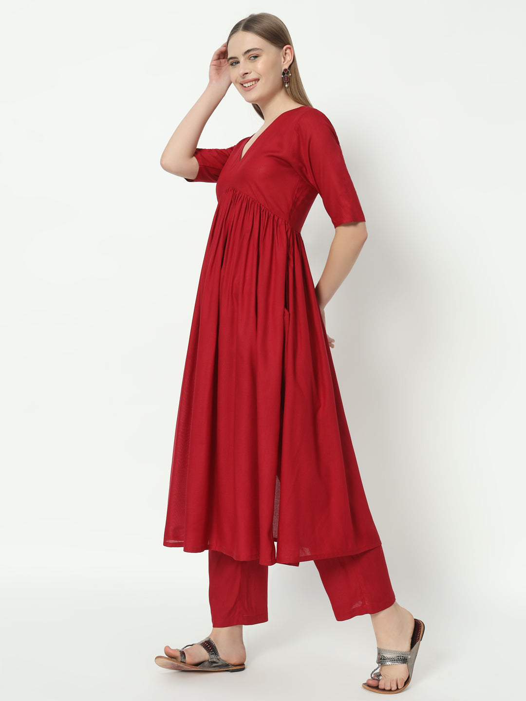 Red Pure Cotton Alia Cut V Neck Top and Pant Set