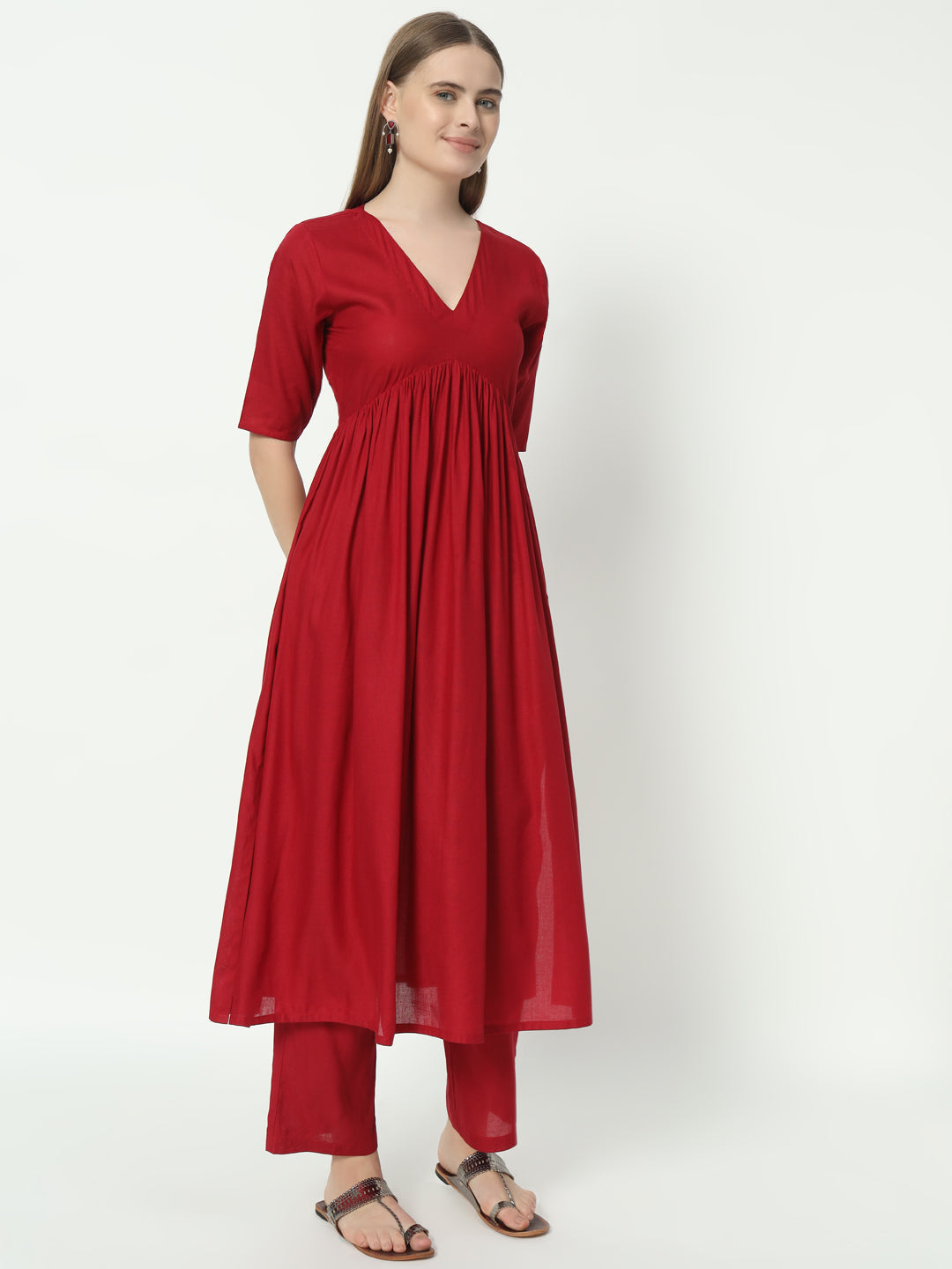 Red Pure Cotton Alia Cut V Neck Top and Pant Set