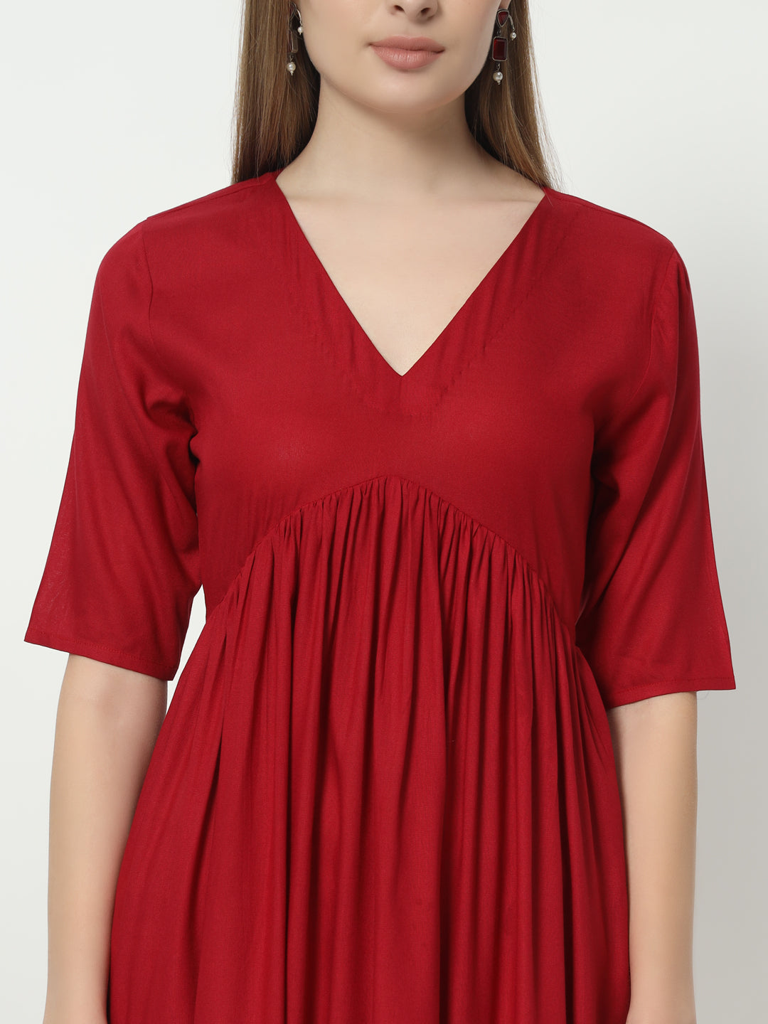 Red Pure Cotton Alia Cut V Neck Top and Pant Set