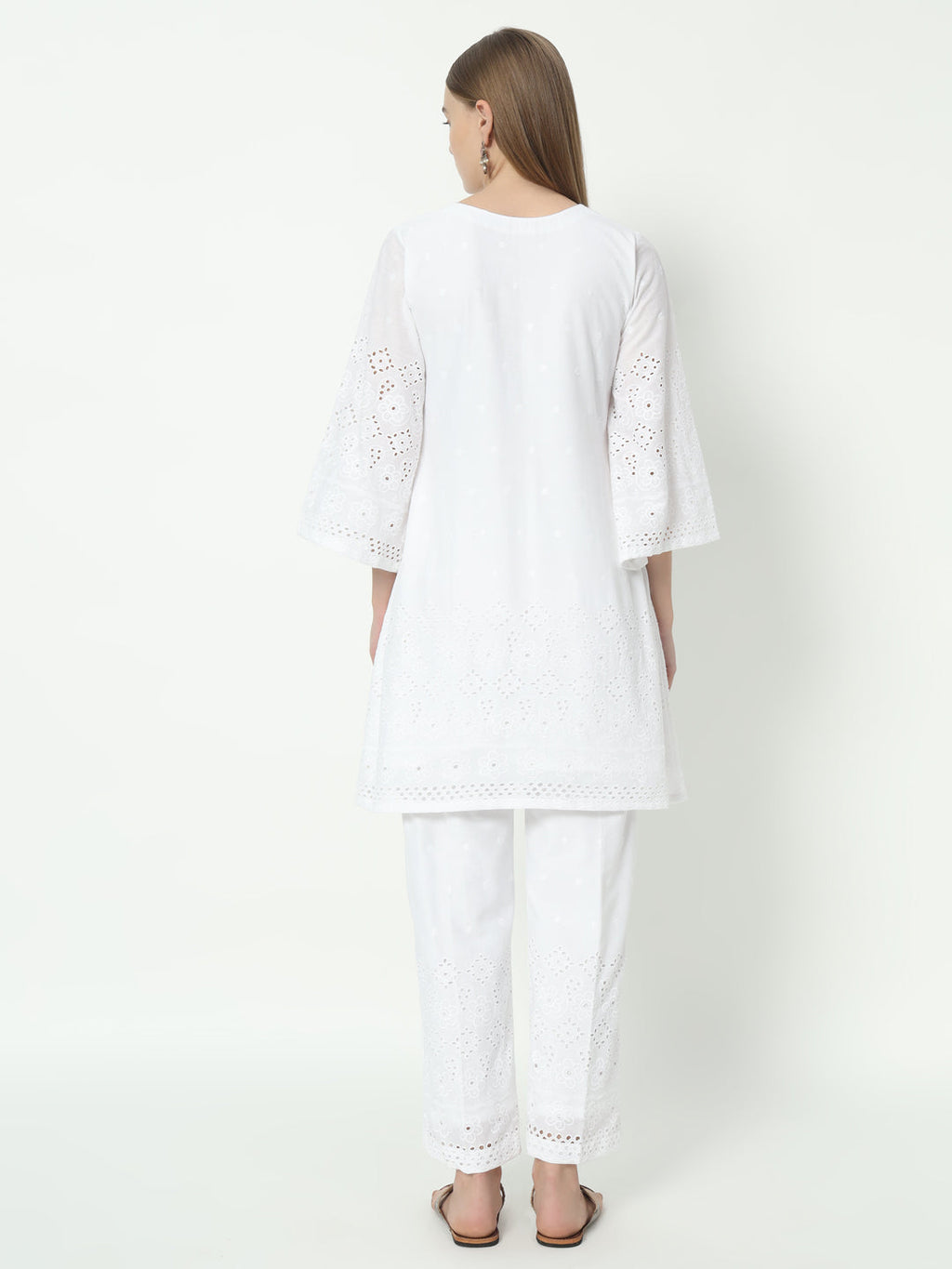 White Chikankari Co-Ord Set with Bell Sleeves and V-Neck