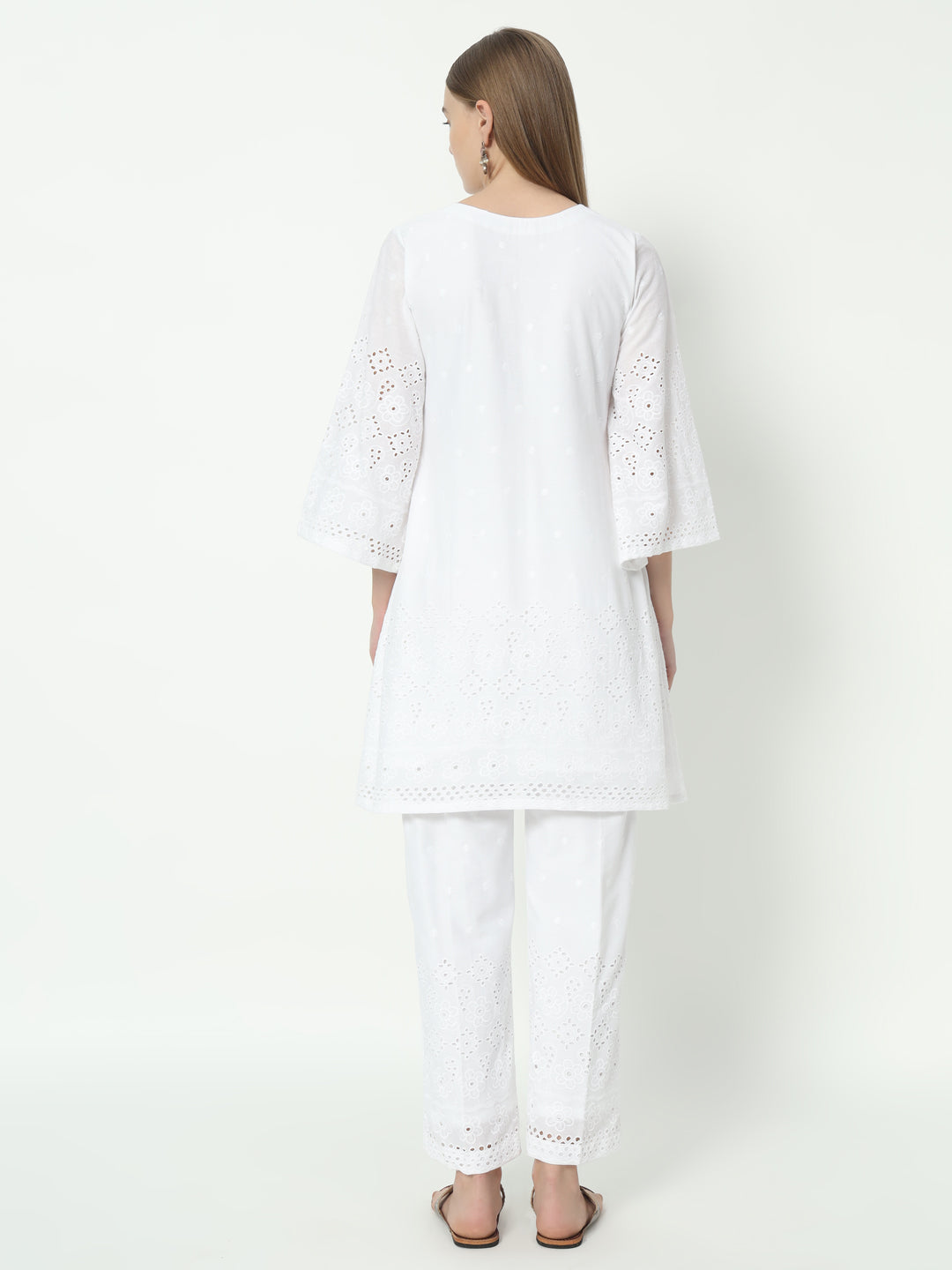 White Chikankari Co-Ord Set with Bell Sleeves and V-Neck