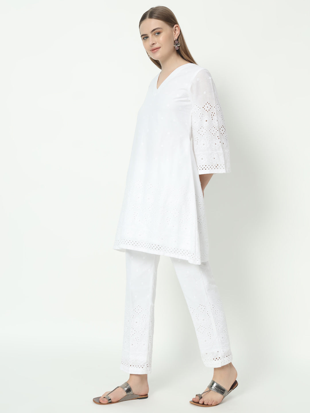 White Chikankari Co-Ord Set with Bell Sleeves and V-Neck