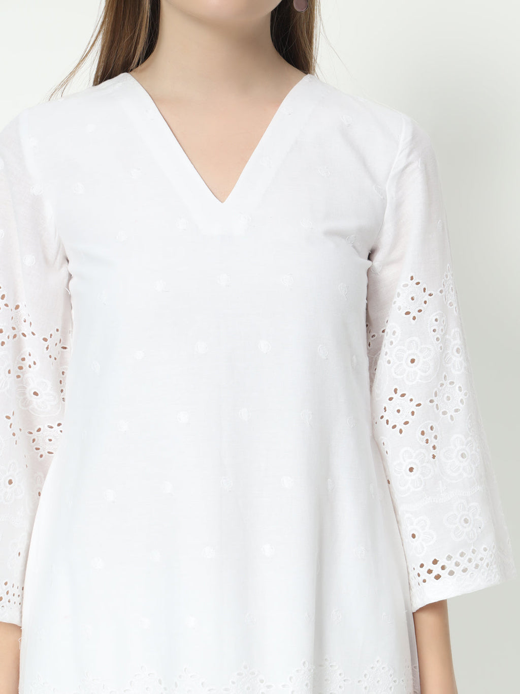White Chikankari Co-Ord Set with Bell Sleeves and V-Neck