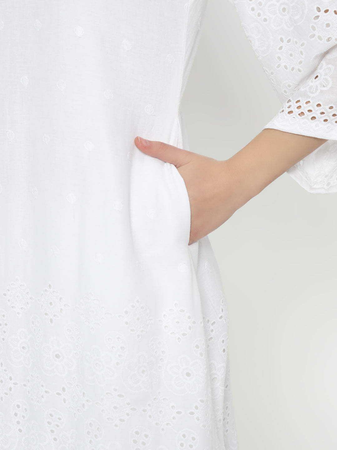 White Chikankari Co-Ord Set with Bell Sleeves and V-Neck
