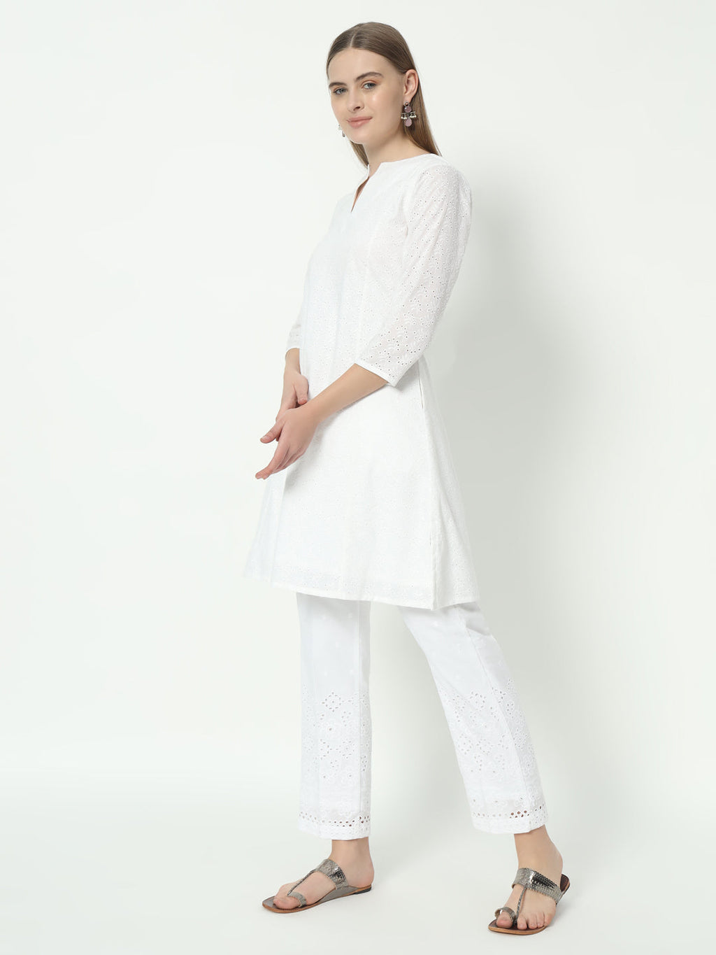 White Chikankari Co-Ord Set with Round Cut Neck