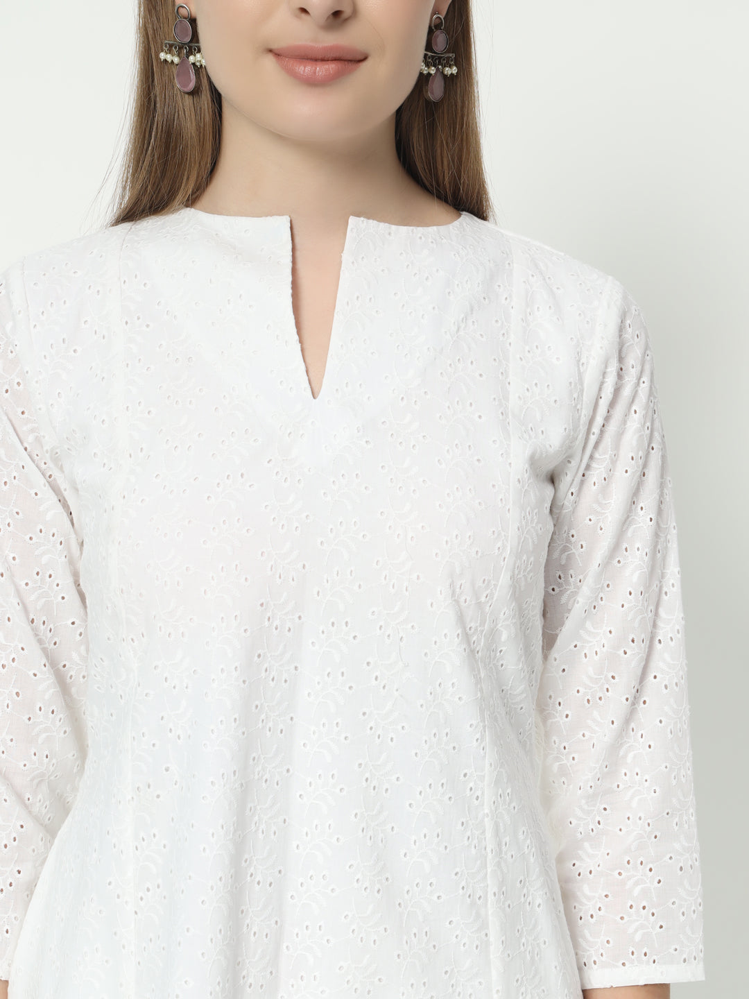 White Chikankari Co-Ord Set with Round Cut Neck