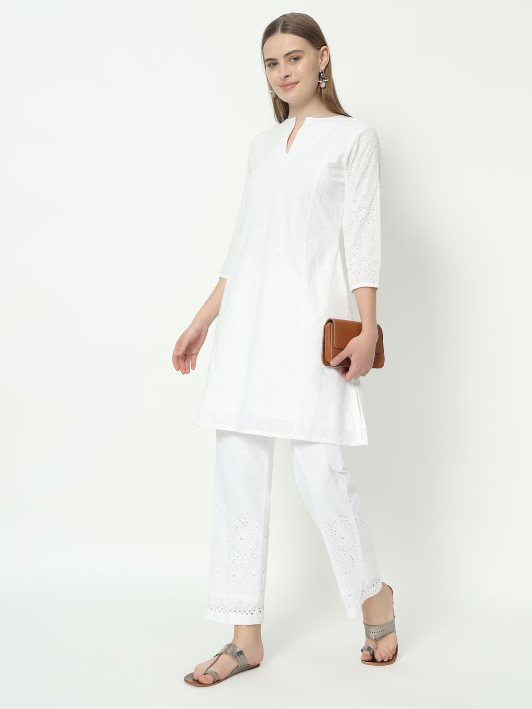 White Chikankari Co-Ord Set with Round Cut Neck